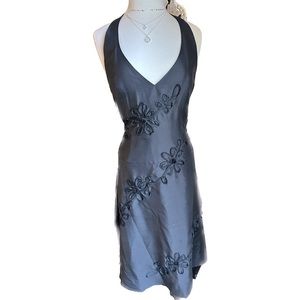 Spenser Jeremy little black silk cocktail halter dress embellished flowers sz 12